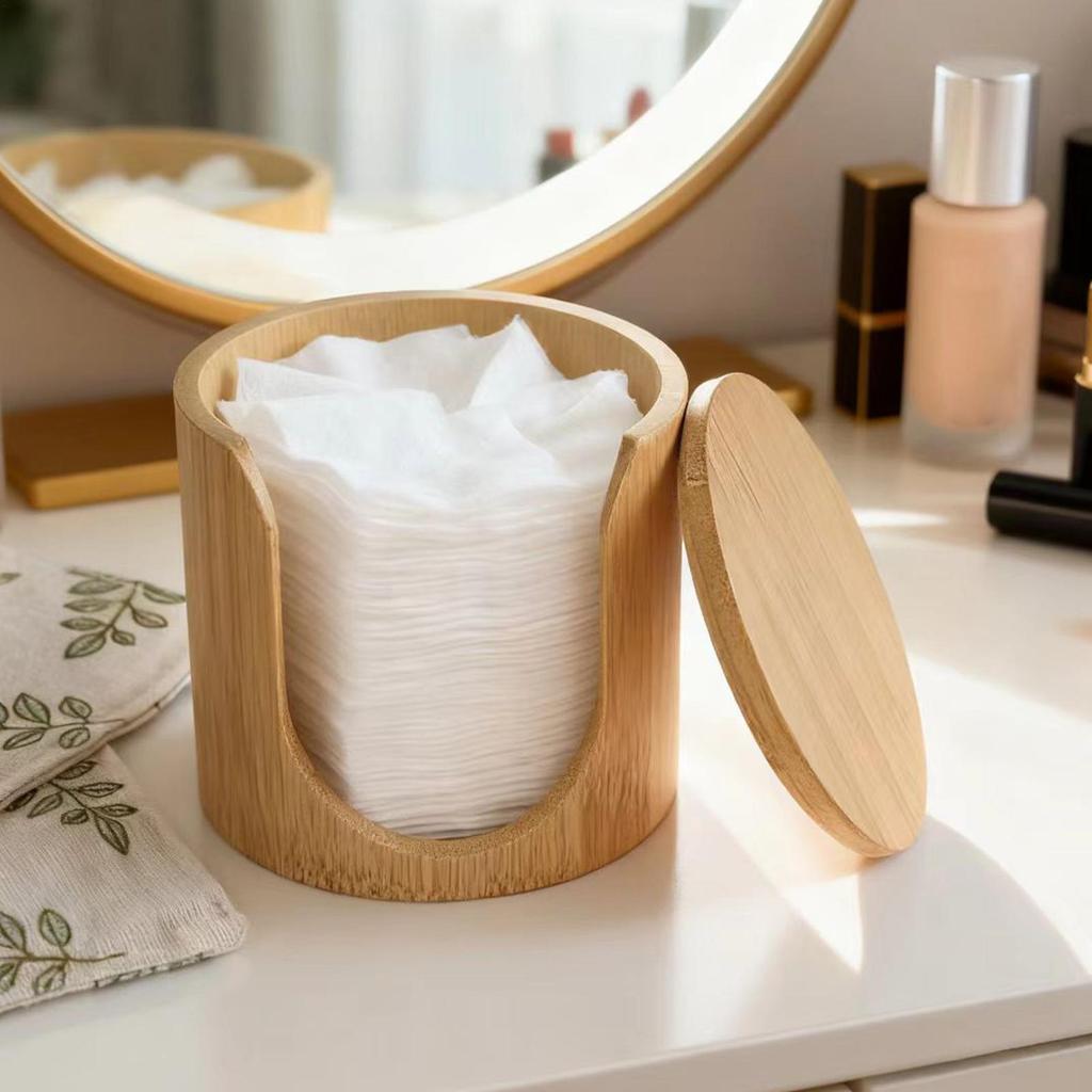 Bamboo Storage Box Bathroom Jar Makeup Organizer Cotton Round Pad Holder Reusable Makeup Cotton Pads Storage Container