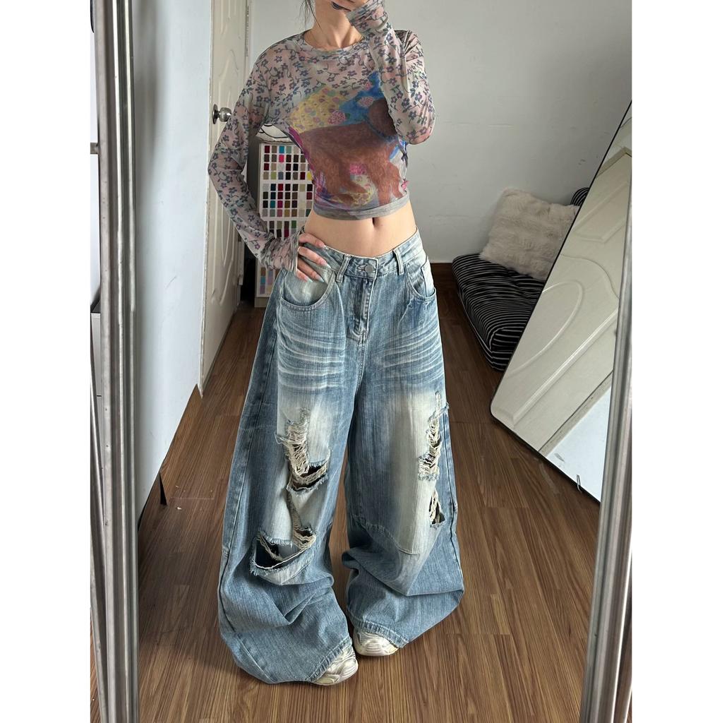 American retro washed ripped machete jeans pants men's and women's summer new loose wide-leg floor pants