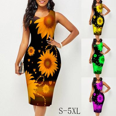 Robes d'été pour femmes sans manches col rond robes midi robe une pièce pour femme robe imprimée florale robes tournesol grande taille S-5XL