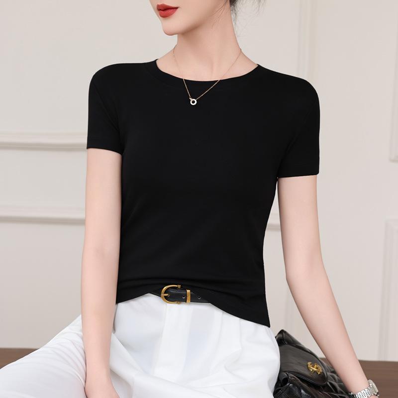 Women's Slimming Round Neck Short Sleeve T-shirt - Versatile, Breathable Solid Color for Spring/Summer