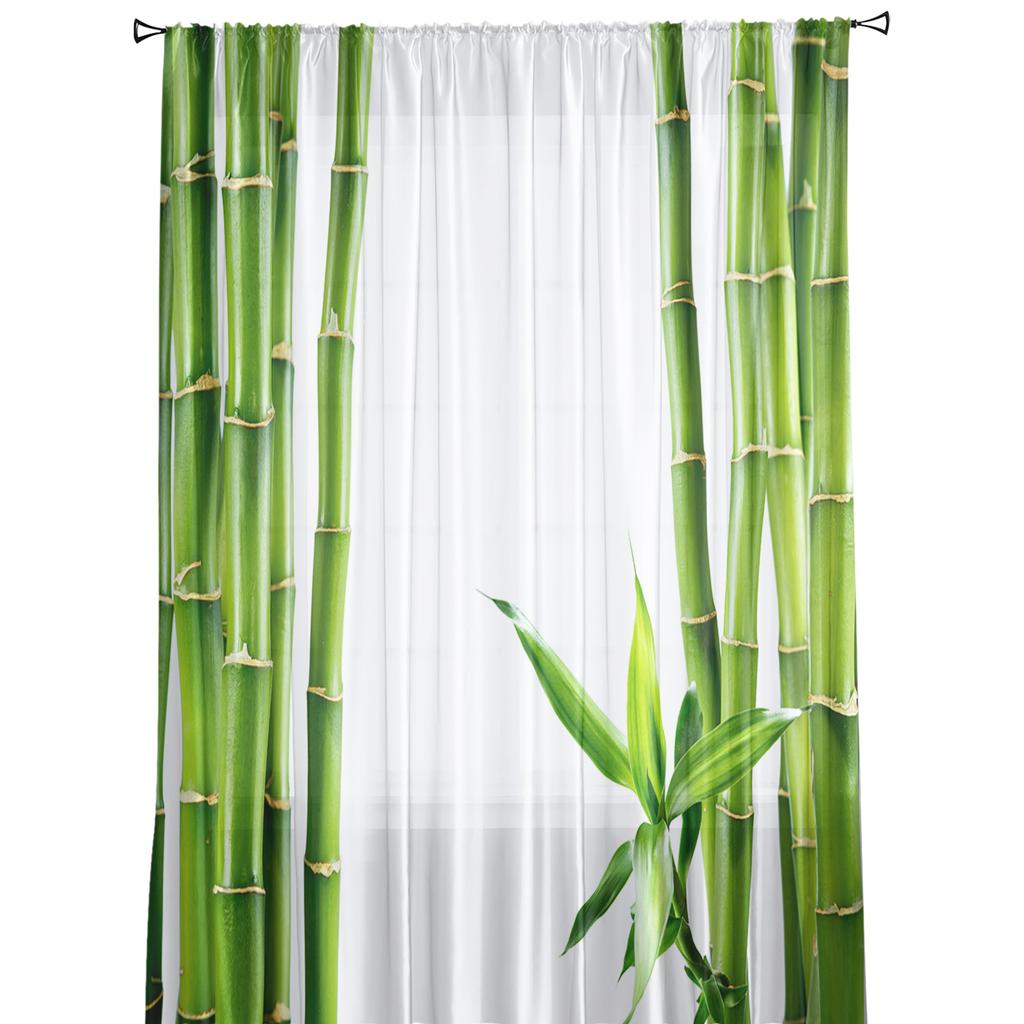 Green Bamboo Zen Plant White Sheer Curtains for Living Room Decoration Window Curtains for Kitchen Tulle Voile Organza Curtains
