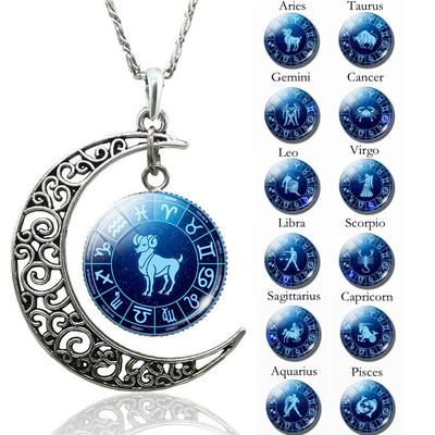 Unisex Augury Jewelry 12 Constellations Hollow Crescent Moon Faux Gem Necklace Party Jewelry Gift