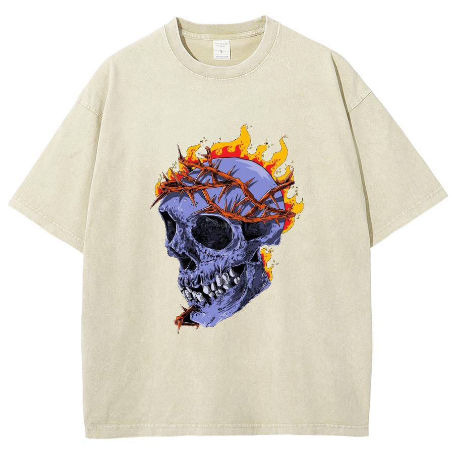 Skull Flame Print Women's T-Shirt Fashion Design High Street Hip Hop Short Sleeve Loose ZTE Wash Vintage Top