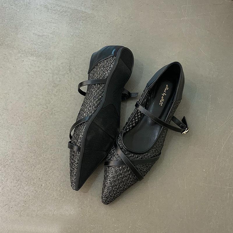 Fashion Weave Fashion Buckle Strap Women Flats Mary Janes Shoes Female Pointed Toe Ladies Flats Shoes With Height Increasing Footwear