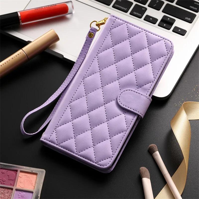 Checkered Leather Wallet Case For Samsung Galaxy S25 S24 S23 Ultra S22 S21 S20 FE S10 Note 20 10 PlusLanyard Flip Phone Cover