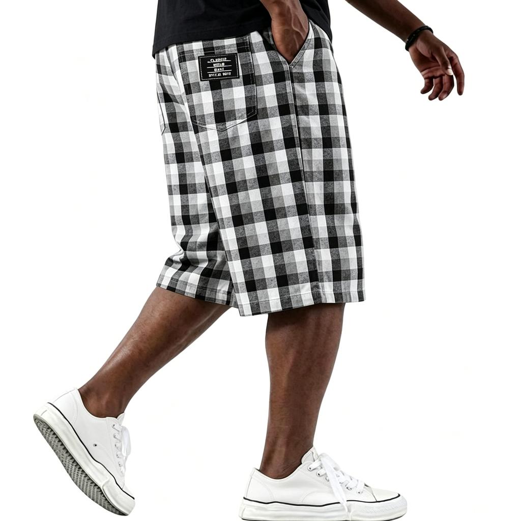 Men's Casual Loose Fit Plaid Shorts Lightweight Breathable Cotton Blend Fabric with Elastic Waistband and Side Pockets for Everyday Wear