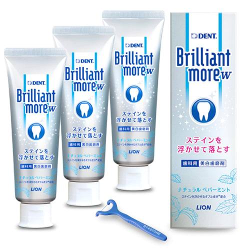 Lion Dent Health Brilliant More Double Natural Peppermint 90g (Set of 3 + Y-Shaped Floss (Individually Wrapped))