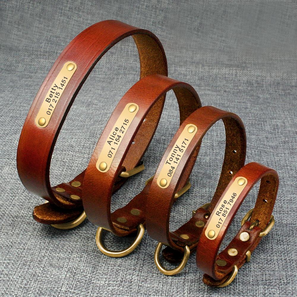 Genuine Leather Small Medium Dogs Cat Collar Personalized Dog ID Collar Custom Pet Name And Phone Number Free Engraving