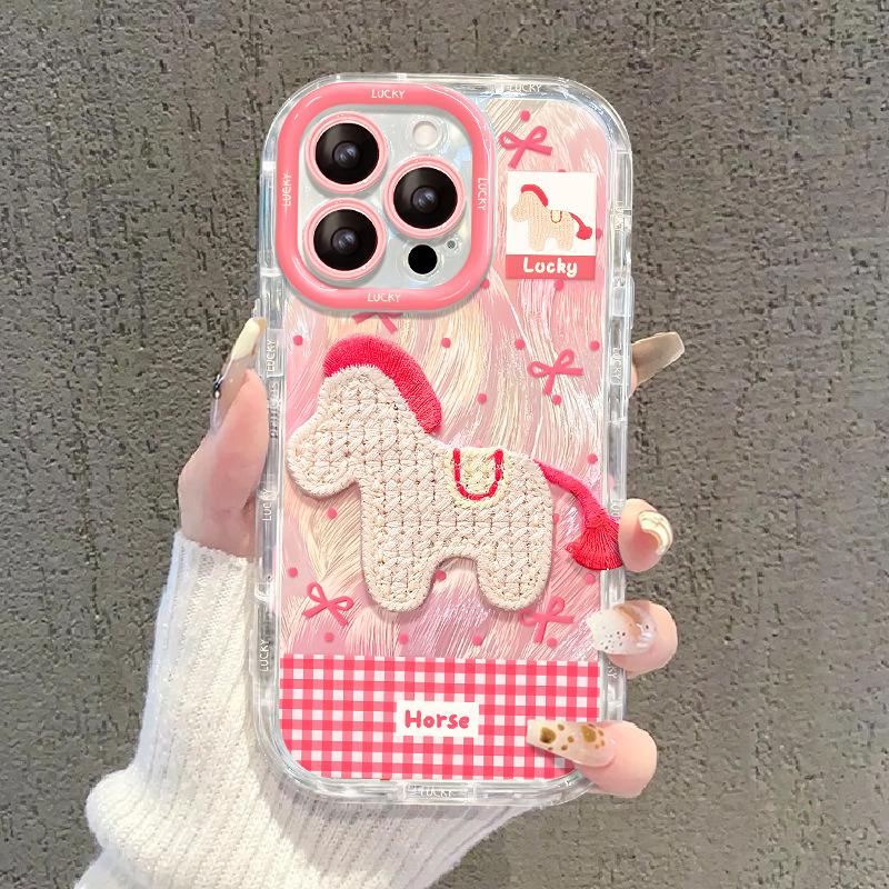 Applicable To Apple 17promax Mobile Phone Case Iphone15 Feather Yarn 16 Embroidery Pony Mirror Bracket 14 Creative 13