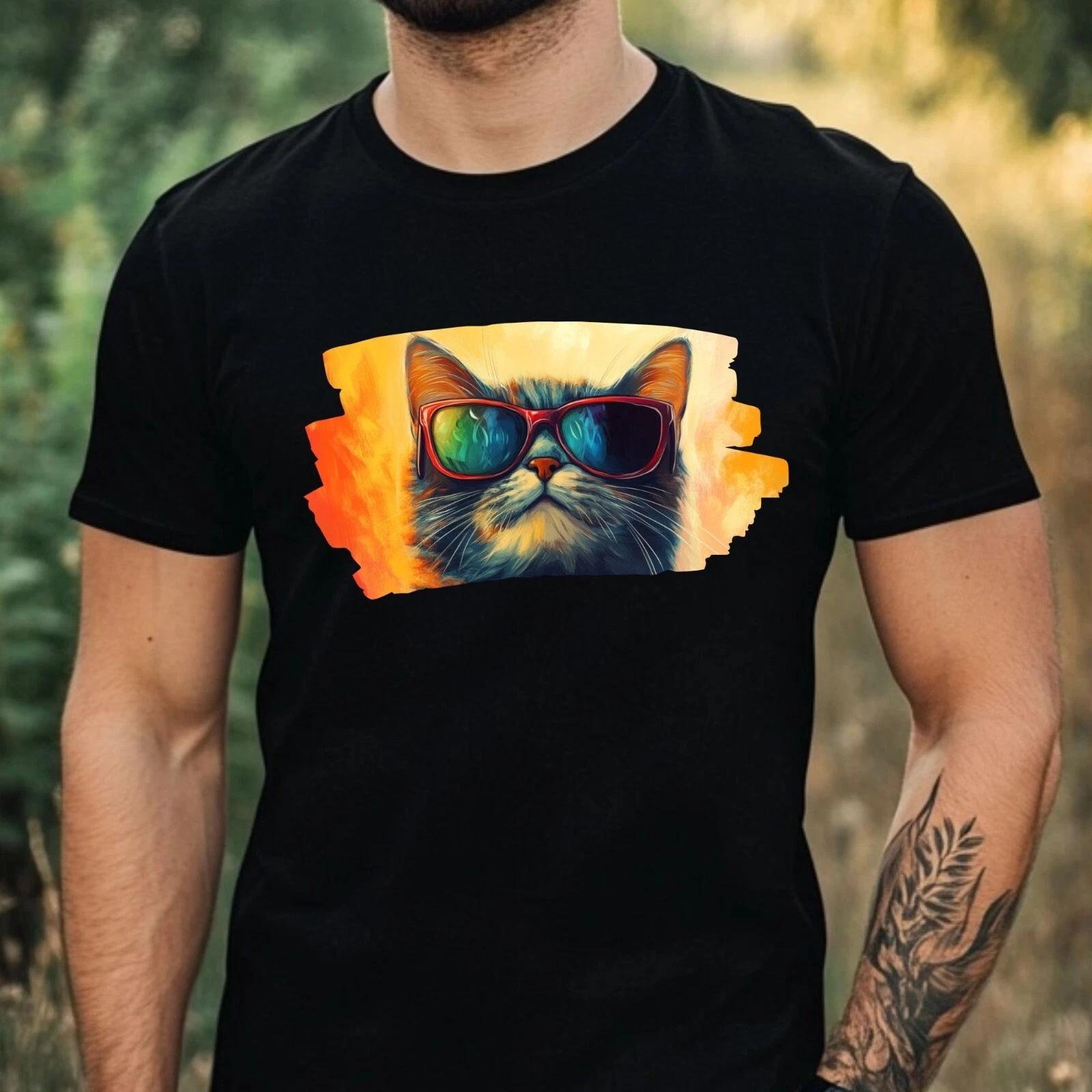 T-Shirt Herren Katze mit Sonnenbrille Motiv Baumwolle Größe XS bis 5XL XS