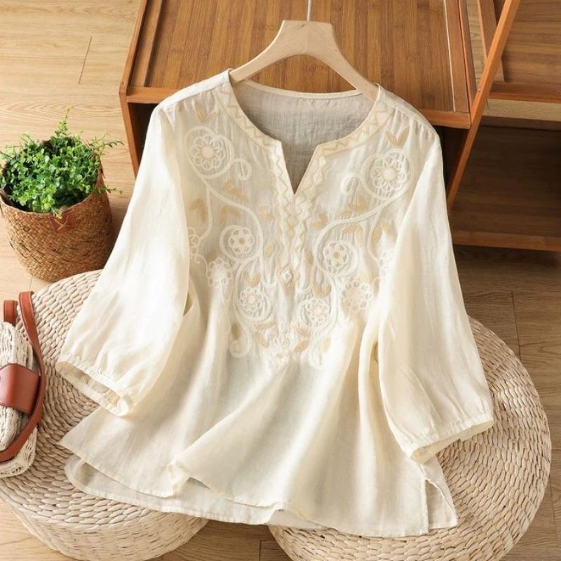 Vintage Embroidered Lace Collar Loose Fit Summer Blouse