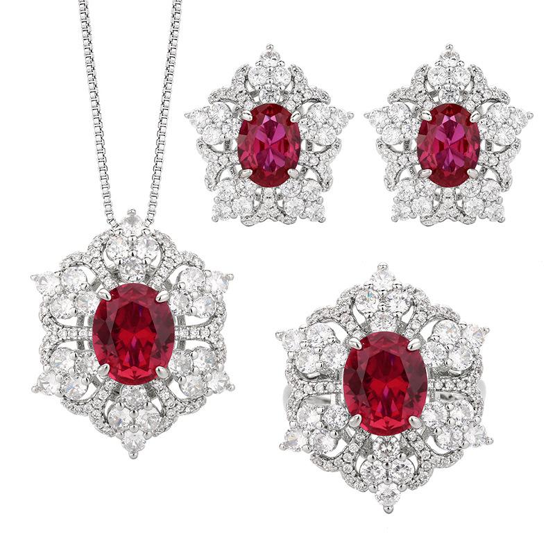 Jewelry Set Earrings Necklace Ring Light Luxury Heavy Industry Bright Pigeon Ruby Female