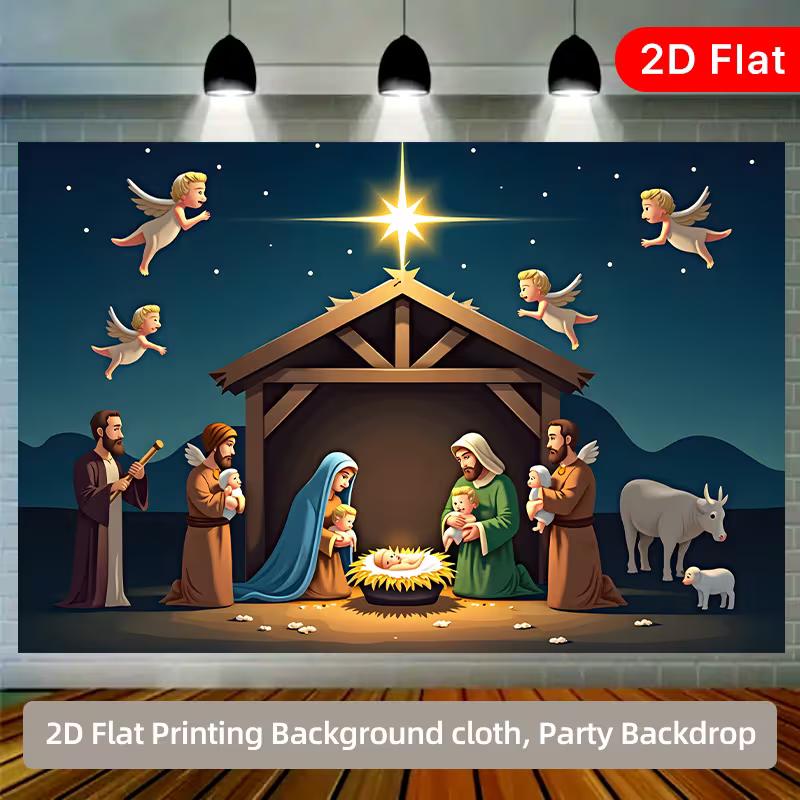 2D Cartoon Christmas Manger Stable Backdrop featuring the Holy Family, Angels and the Star of Bethlehem