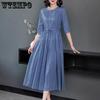 Women Round Collar Solid Color Dress Ladies Mid-length Waist Long Skirt Cotton A-Linen Dresses Women Clothing