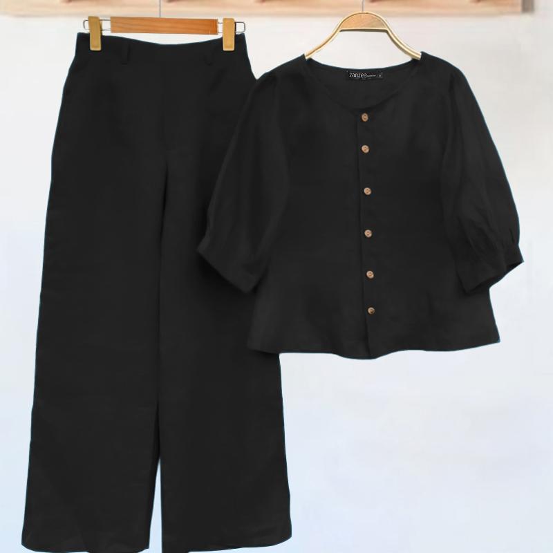 

ZANZEA Женская блузка с рукавом 3/4 и брюки повседневные комплекты из двух предметов 5XL чёрный