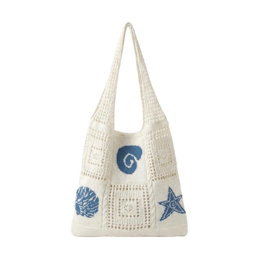 

Casual Starfish Crochet Tote Bag Solid Color Shell Woven Shoulder Bag Cotton Hollow Knitting Handbag Ladies