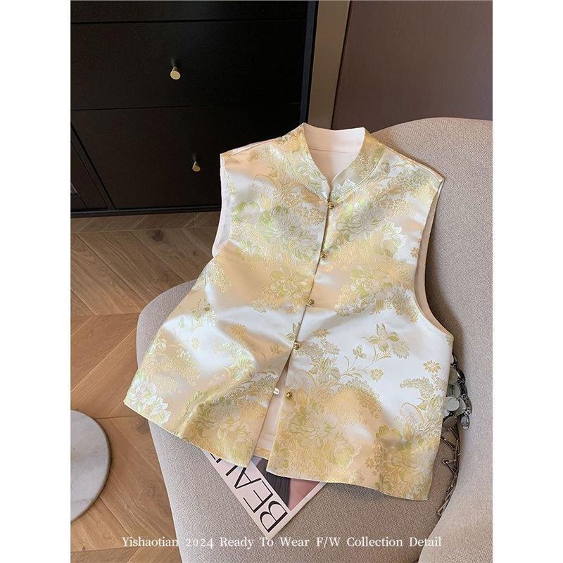 

Новый тонкий темпераментный тонкий жилет без рукавов с вышивкой, воротник-стойка, атласный жилет женский M [Recommended below 50kg]