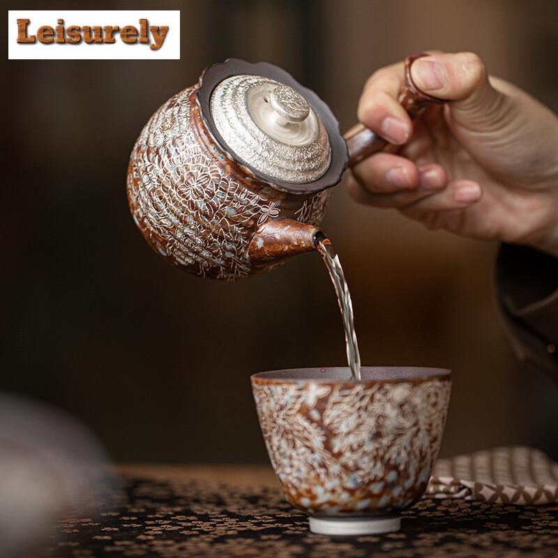 180ml Retro Alter Fels Schlamm Blume Teekanne Vergoldeter Silber Seitengriff Kanne Grobkeramik Aufgüsse Teekessel Kung Fu Tee-Set Handwerk