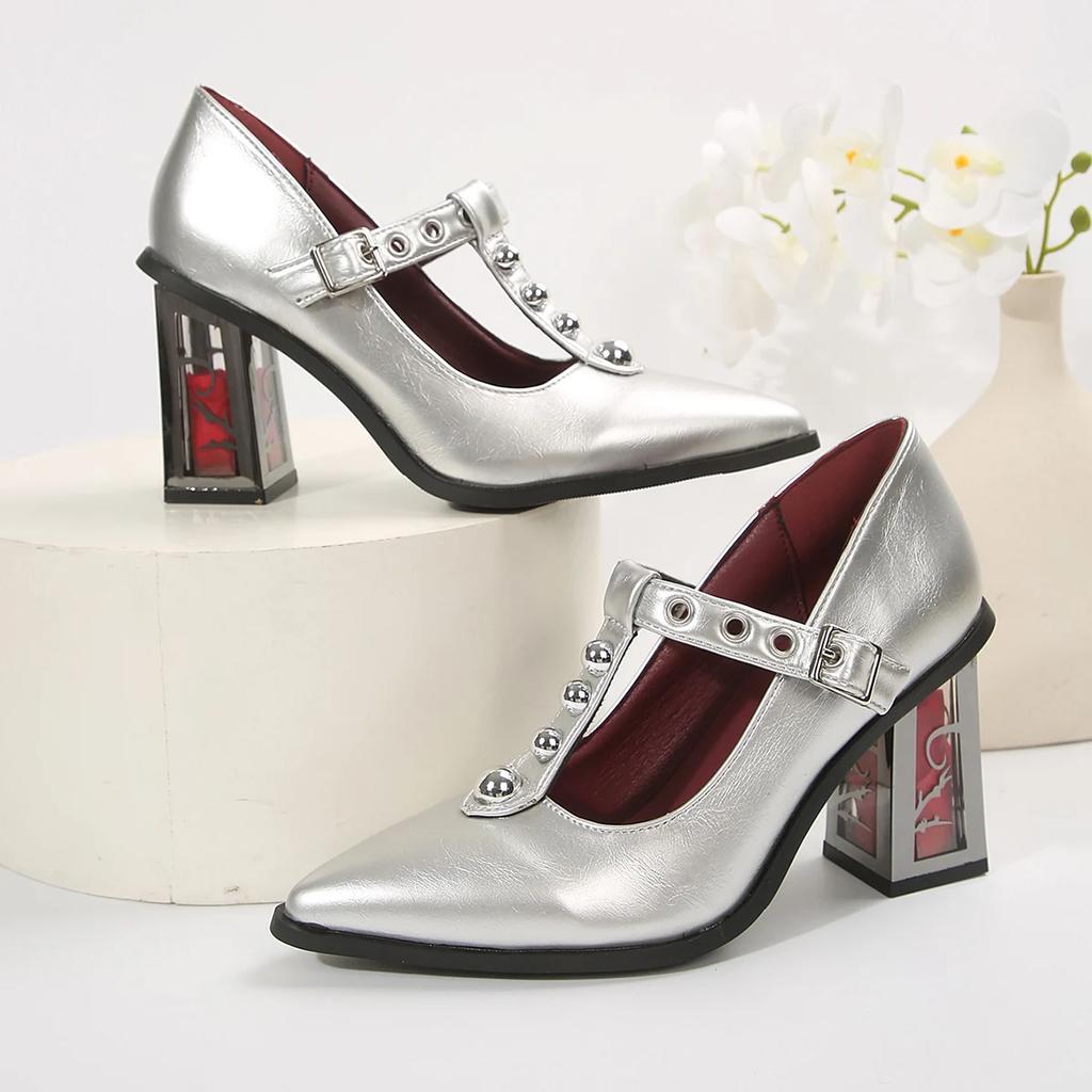 Fashion Punk Elegant Pointed Toe High Heels Pumps Women 2025 New Trendy Thick Rose Heeled Dress Shoes Woman Y2K T-Strap Mary Jane Shoes