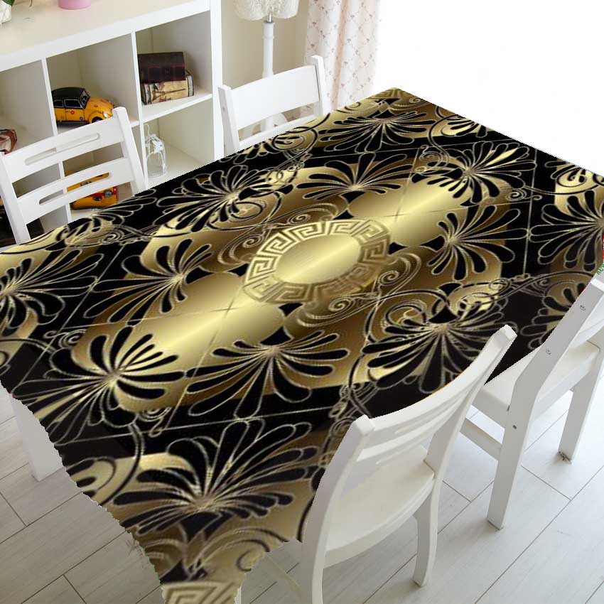 Luxuriöse, rechteckige Tischdecke mit geometrischem Muster in Schwarz und Gold, bedruckt für Tisch und Dekoration, wasserdichte Tischdecke