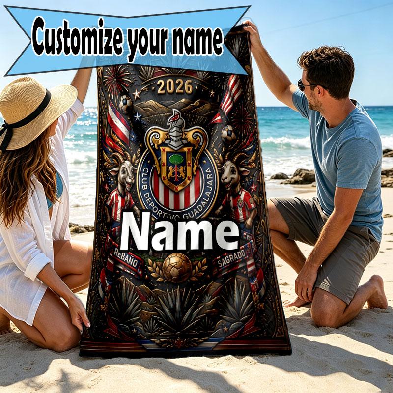Custom Name Personalized Club Deportivo Guadalajara Print Beach Towel, for Trip Camping Beach Party Home Decor, Birthday Gift for Family & Friends