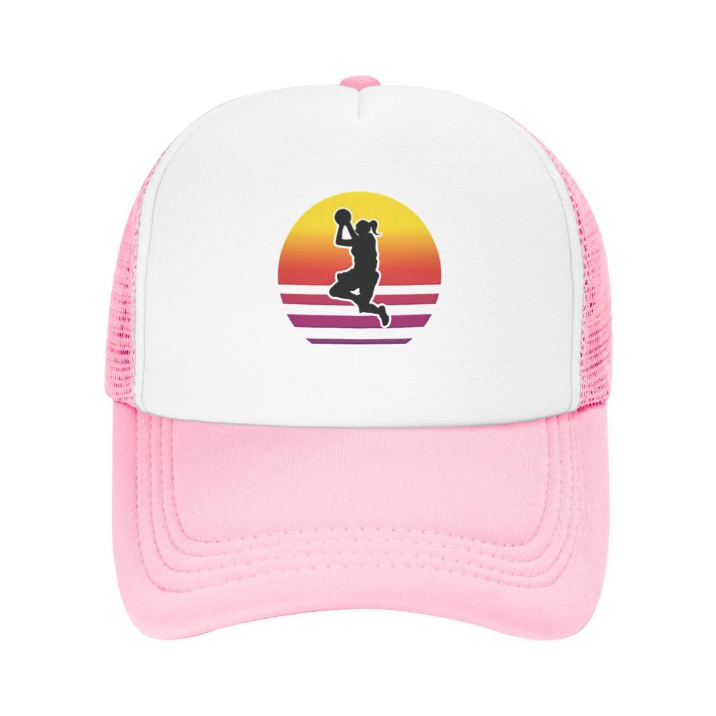 Basketball Girl Sunset Retro Graphic Trucker Hat Adjustable Casual Polyester Mesh Cap for Adults
