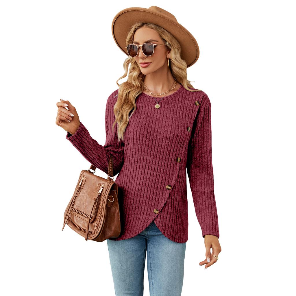 Autumn-winter Women's Blouse, Knitwear, Long-sleeved Shirt with A Round Neck, Tulip Hem