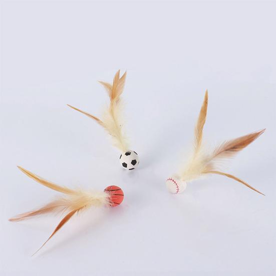 1 Pc/3 Pcs Interactive Feather Ball Toy Mini Bouncy Basketball Soccer Baseball with Feather Pet Training Catcher Toy for Indoor Cats