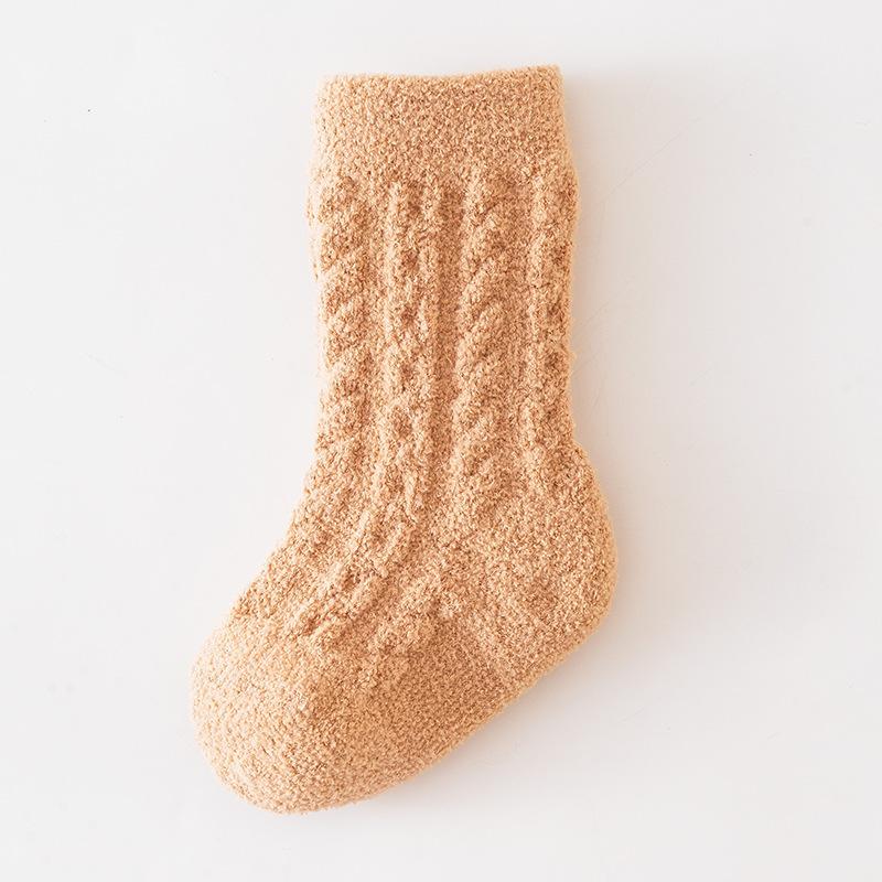 0-3Years Baby Plush Socks Thick Coral Velvet Twist Knitting Solid Color Children's Warm Velvet Mid Tube Socks Autumn and Winter