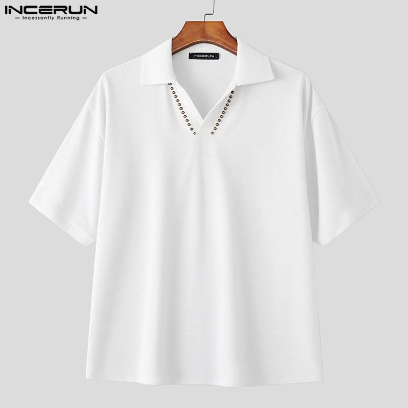 INCERUN Men Lapel Neck Short Sleeve Casual Loose T-shirts Tops