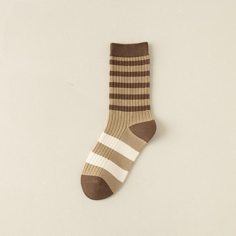 Maillard Women's Striped Mid-Calf Cotton Socks - Trendy Autumn/Winter Pile In Coffee Color