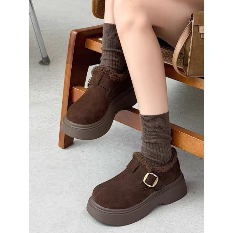 Leather thick-soled heightened velvet women s new winter plush warm one-pedal versatile cotton shoes 40