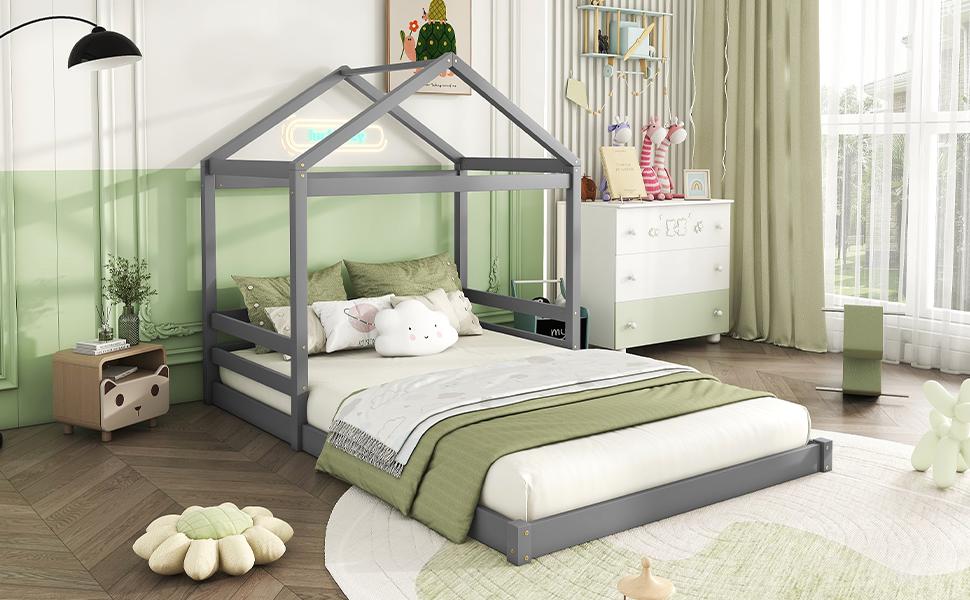 House Bed, 140 X 200 Cm, Children's Bed In House Shape with Slatted Frame (without Mattress), Pine Wood, Minimalist Style, Grey