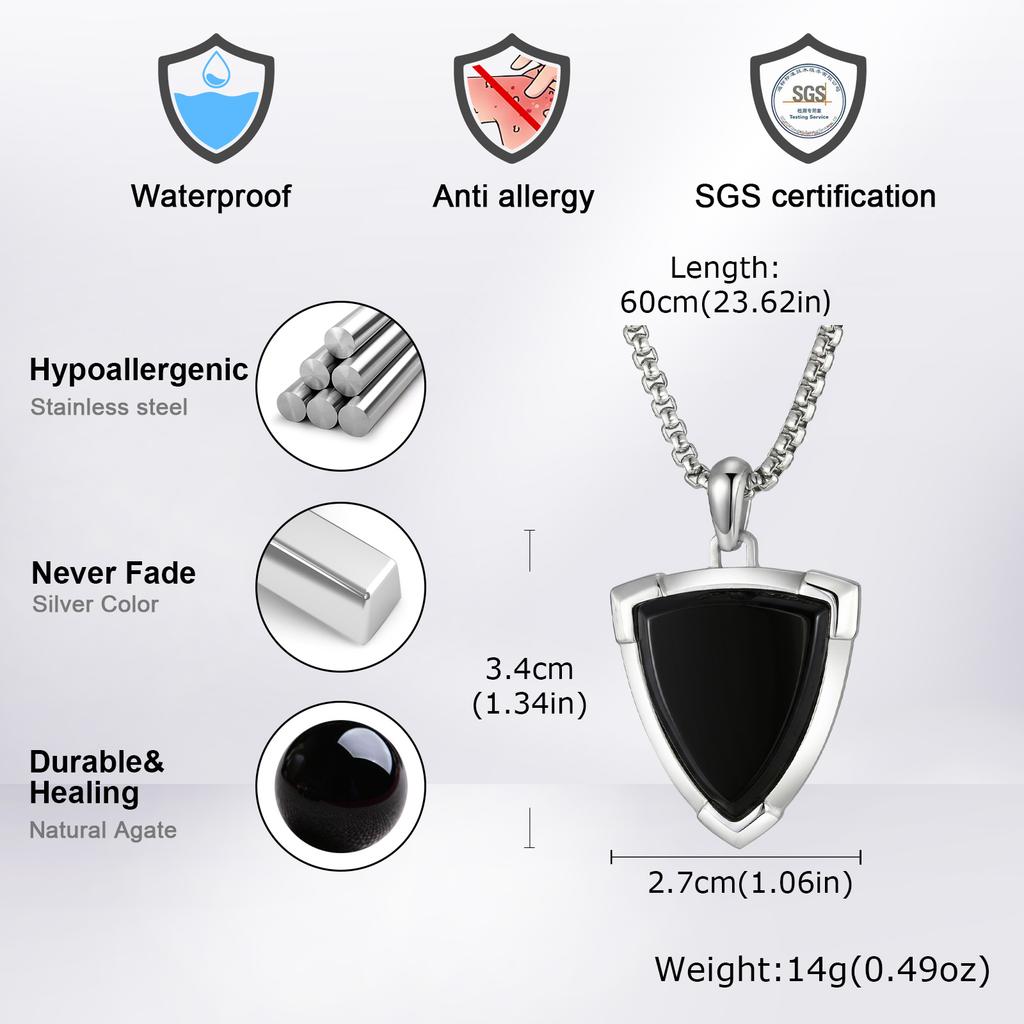 Vnox Stylish Black Onyx Shield Pendant Necklace for Men, Durable Stainless Steel Box Chain, Fade Resistant Luxury Jewelry Gifts