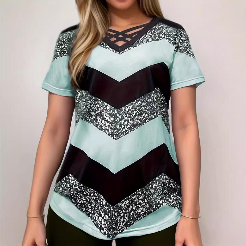 Color Cross V-neck Stripes Elegant Casual Short-sleeved T-shirt Woman