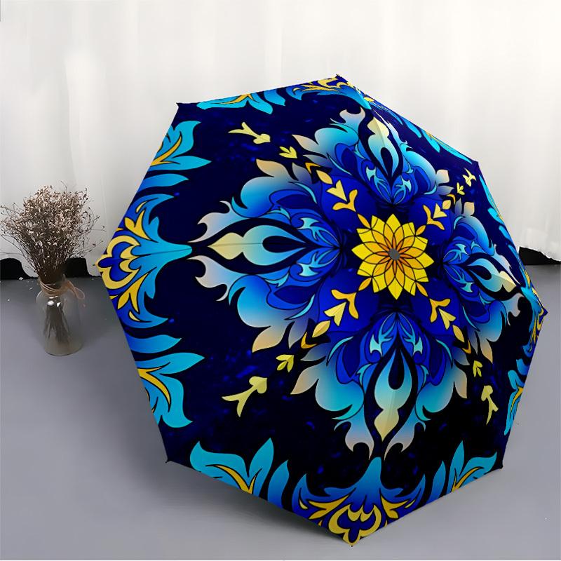 1pc Blue Yellow Flower Mandala Folding Umbrella, Durable, Suitable for Outdoor Activities or Rain, Suitable for Commuting Yy251027125