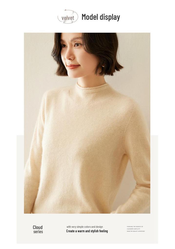 Women's Cashmere Half-High Collar Sweater: Autumn/Winter Style, Twelve-Stitch Rolled Hem, Loose Slimming Knit Base Layer