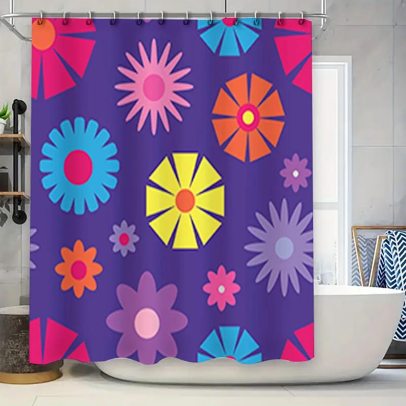 

Bright Flower Shower Curtain Purple Background With Multicolored Blooms Modern Bathroom Decor Waterproof Fabric Easy Hanging W60H190(CM)-1 Pcs