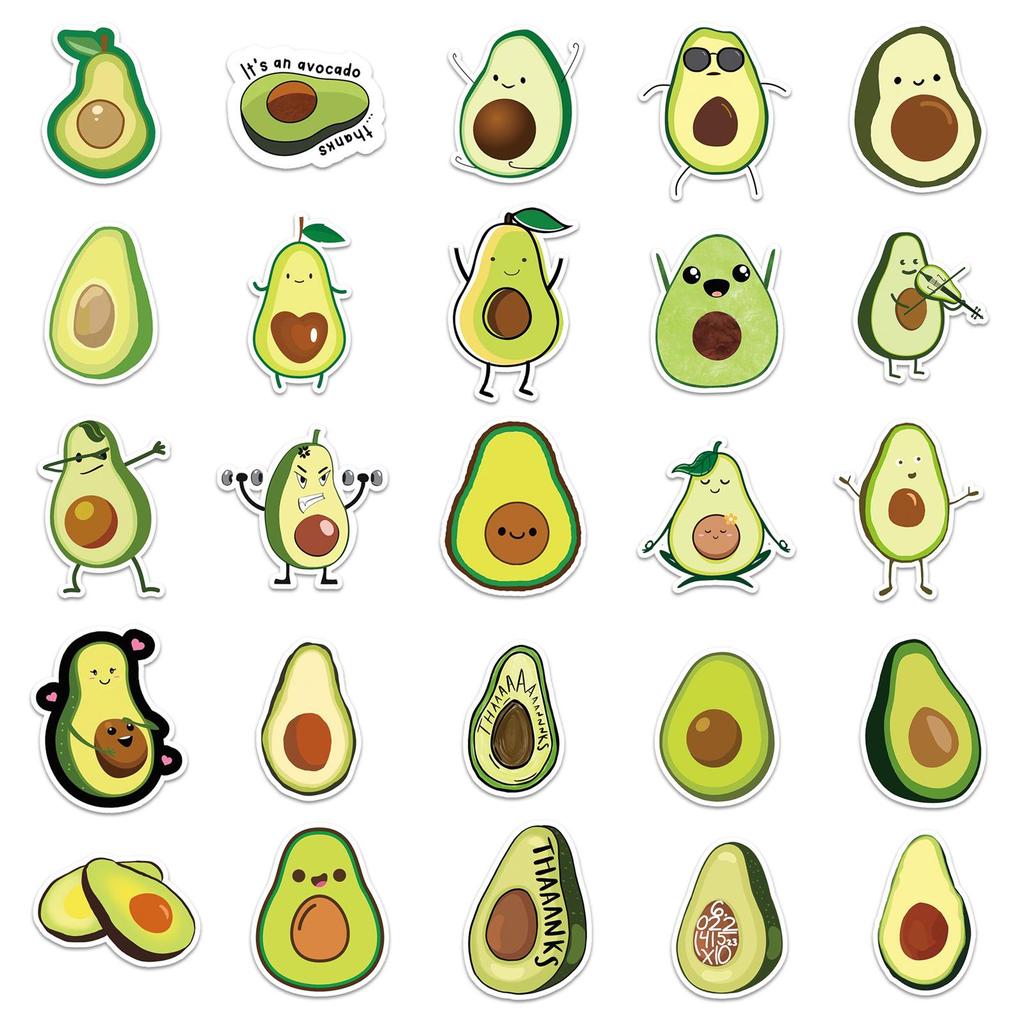 50 Avocado Cartoon Stickers - Fruit, Waterproof, Colorful for Phone, Luggage, Stationery Decor