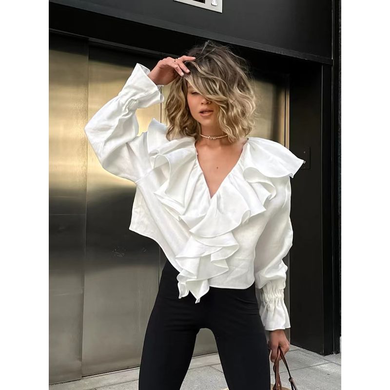 Western Style Frill Sexy V-neck Drop Shoulder Sleeve Temperament Casual Shirts Lotus Leaf V-neck Shirt