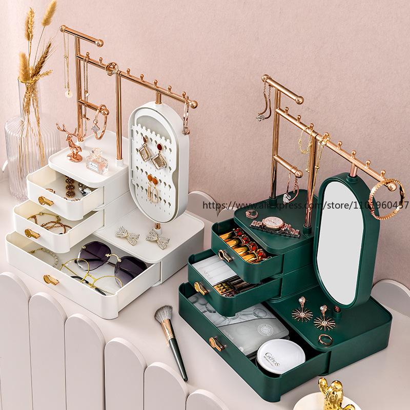 Jewelry Display Organizer with Mirror Wall Mounted Stand for Earrings Necklaces Bracelets on Vanity
