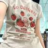 Les Dessert Strawberry & Letter Print T-Shirt, Casual Crew Neck Short Sleeve T-Shirt For Spring & Summer, Women's Clothing