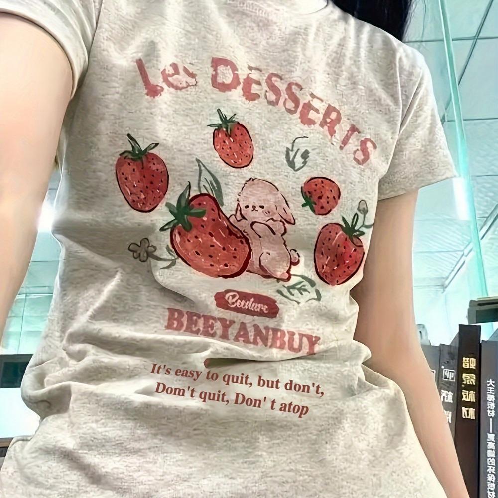 Les Dessert Strawberry & Letter Print T-Shirt, Casual Crew Neck Short Sleeve T-Shirt For Spring & Summer, Women's Clothing