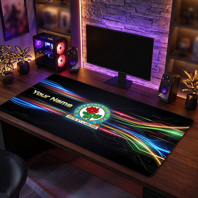 Blackburn Rovers FC Custom Large Mouse Pad, Personalized Name Text Print, Football Logo Non‑Slip Desk Mat Gaming Gift
