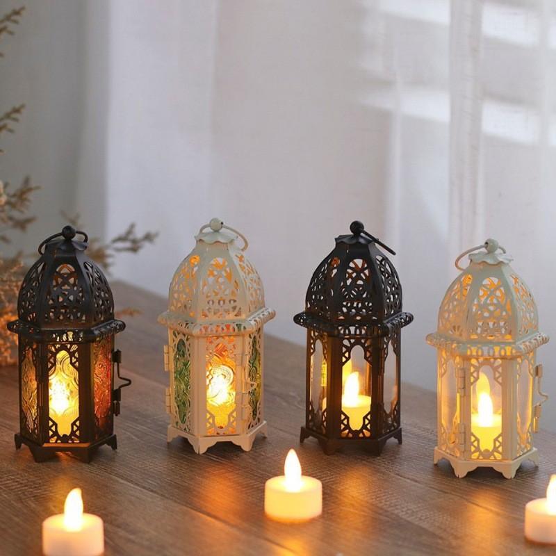 Vintage Hollow Moroccan Iron Lantern Tea Light Hanging Candle Holder Candlestick