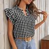 Women's Summer Fashion V-neck Checkered Short Sleeved Ruffled Sweet And Cute Top