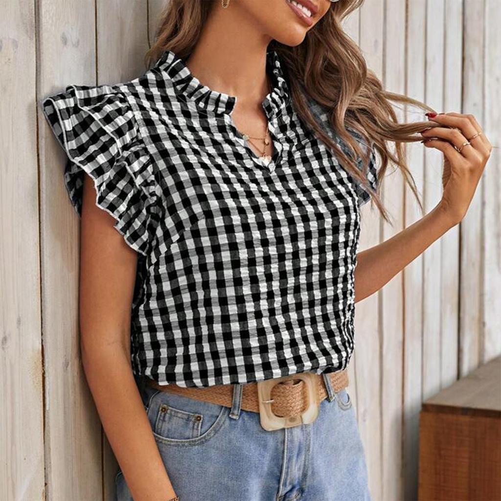 Women's Summer Fashion V-neck Checkered Short Sleeved Ruffled Sweet And Cute Top
