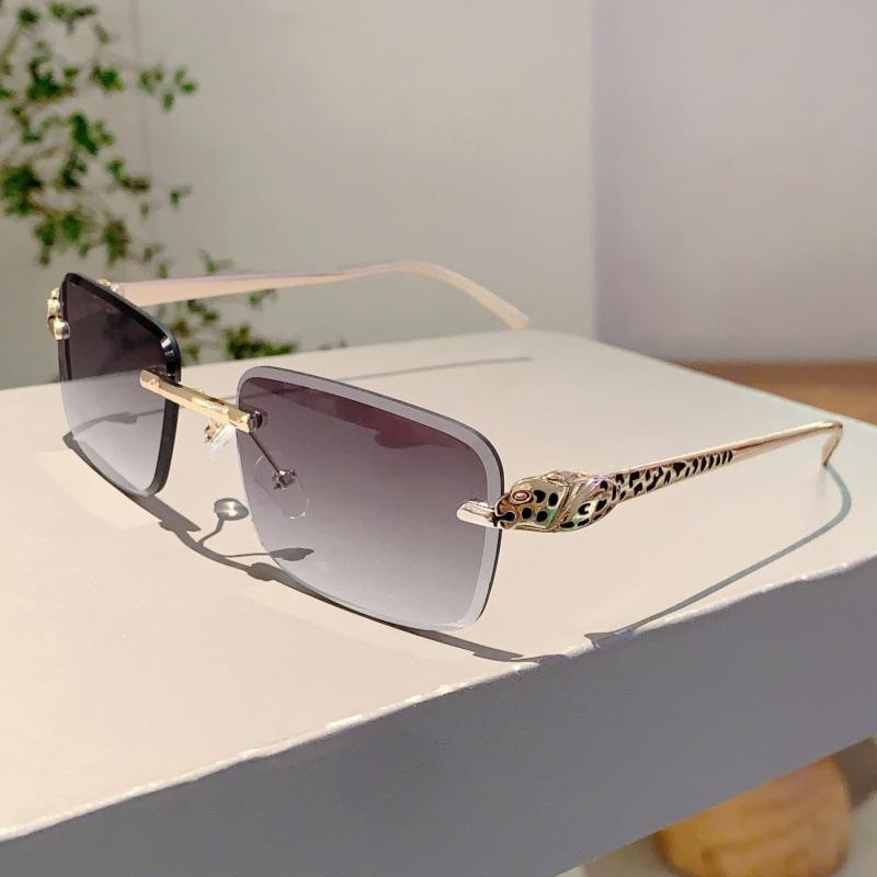Rimless Punk Vintage Square Sunglasses Women Men Luxury Brand Designer UV400 Metal Leopard Head Shade