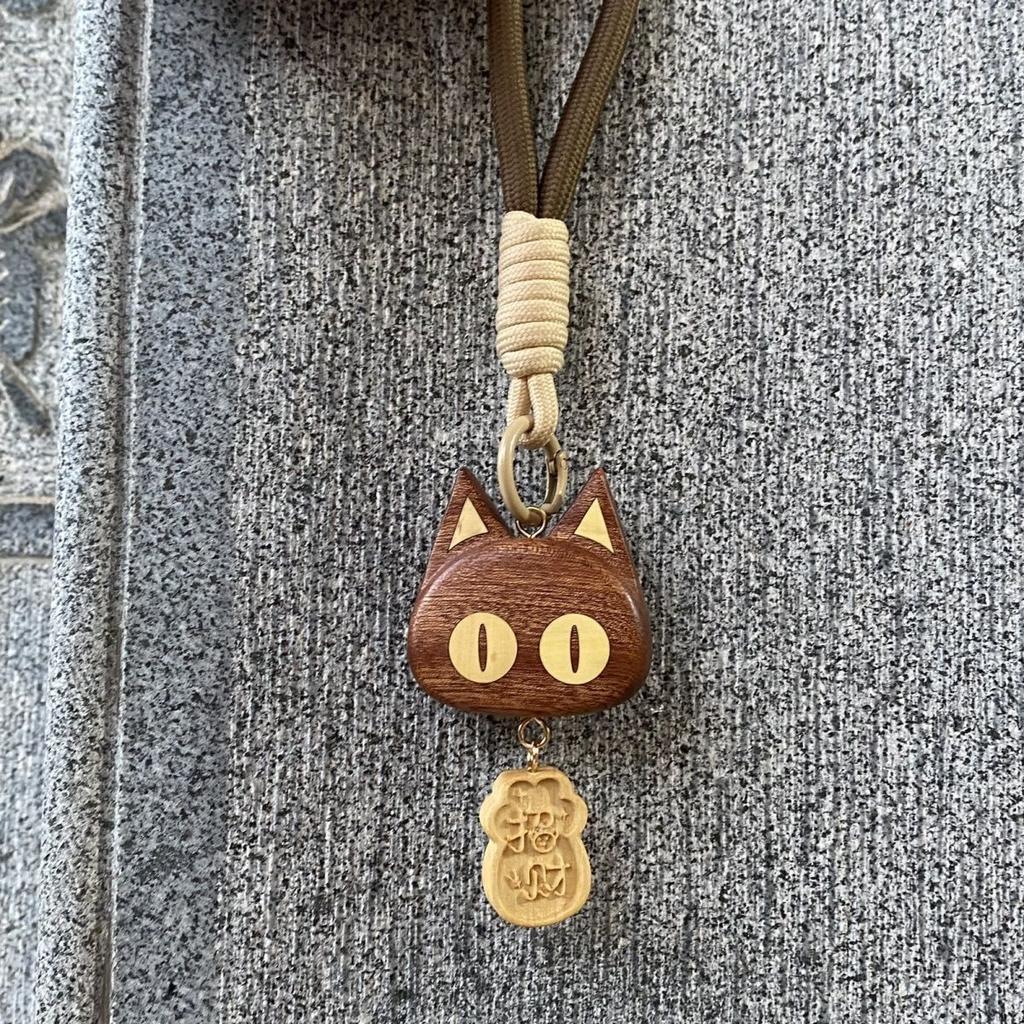 Wooden Cartoon Cat Wealth Car Pendant, Cute Entry Key Chain, Bag Hanging Gift, Ebony Good Luck Pendant