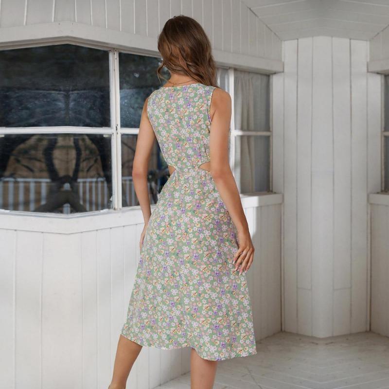 Frauen Sommer Sexy Neckholder Taillenlos Ärmellos Hohe Taille A-Linie Chiffon Blumenkleid S-XL